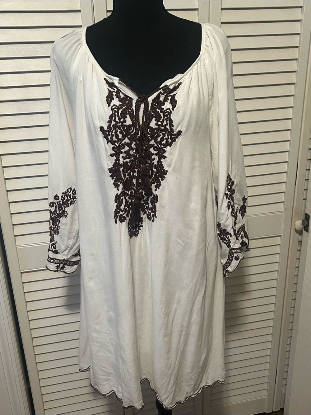 White Peasant Tunic with Brown Embroidery - Women's sundress